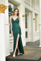 Mermaid V-Neck Spaghetti Straps Sequins Split Floor Length Prom Dresses
