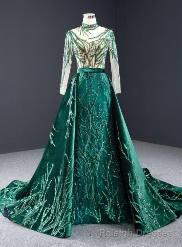 Green Mermaid Velvet High Neck Long Sleeve Sequins Prom Dress With Removable Train Main image