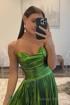Green Metallic Strapless Pleated A Line Long Prom Dresses