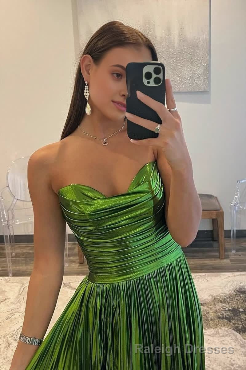 Green Metallic Strapless Pleated A Line Long Prom Dresses