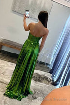 Green Metallic Strapless Pleated A Line Long Prom Dresses