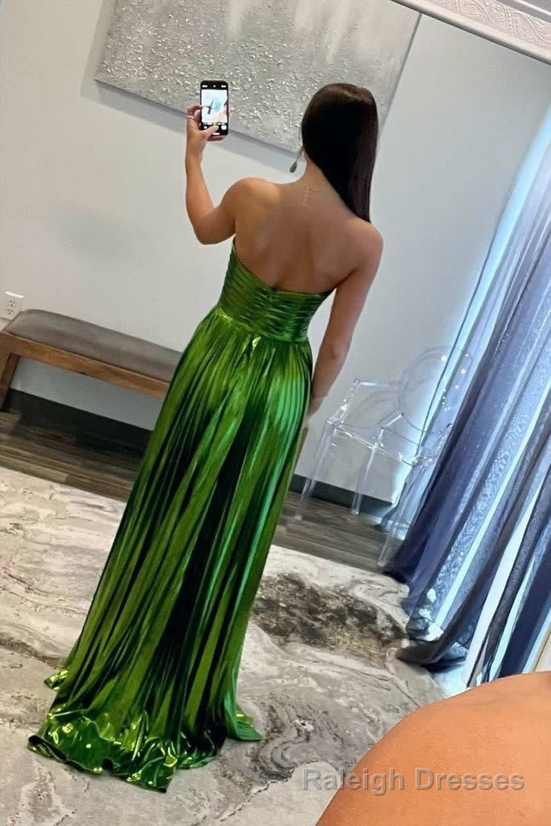 Green Metallic Strapless Pleated A Line Long Prom Dresses