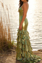 Green Metallic Tiered Mermaid Tie Back Long Prom Dress With Slit