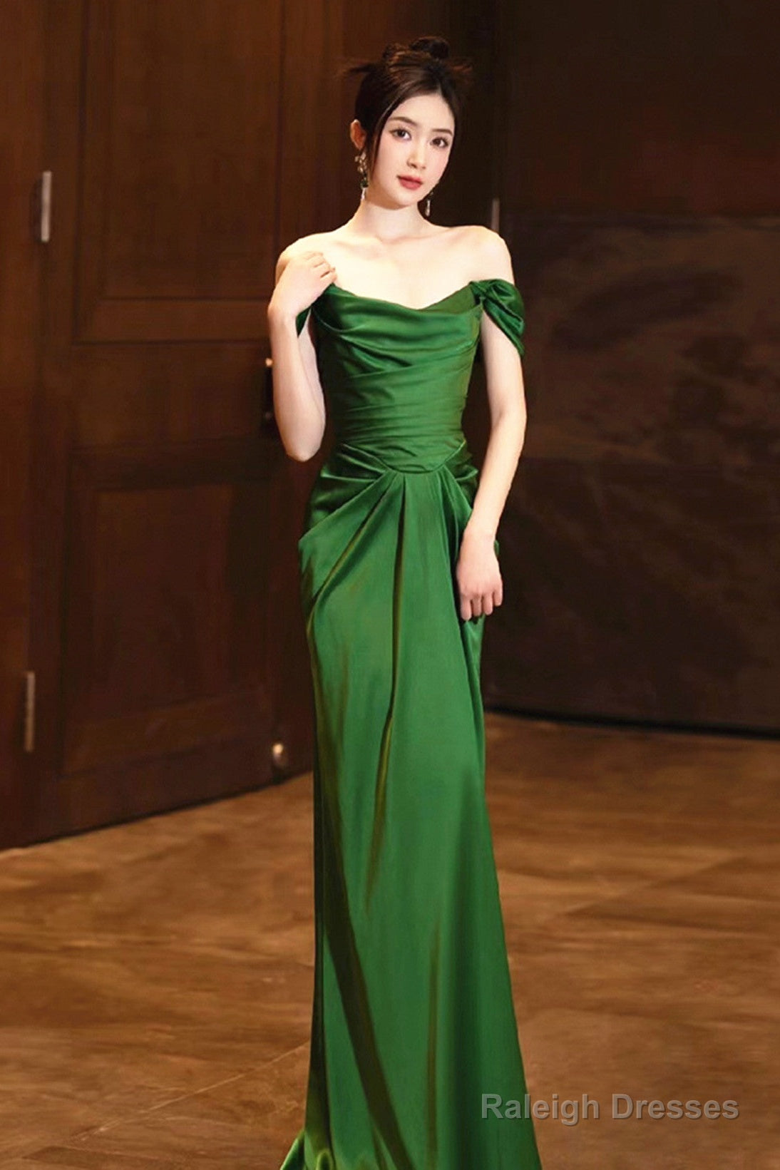 Green Off Shoulder Beautiful Soft Satin Evening Dress, Green Long Prom Dress
