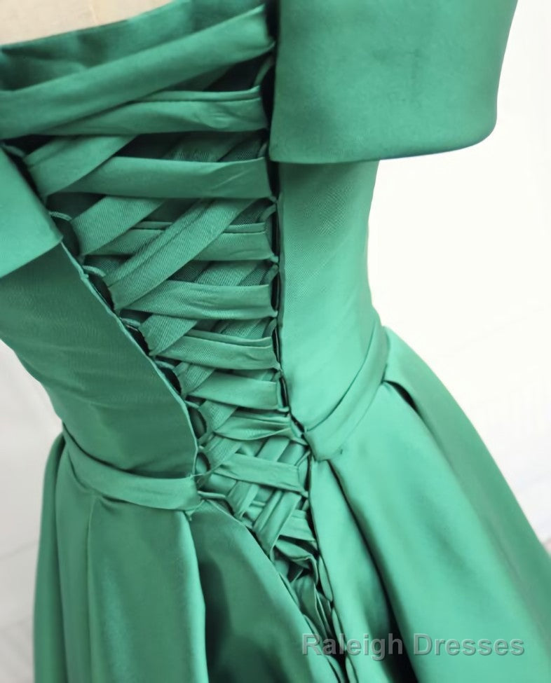 Green Off Shoulder Fashionable Long Prom Dress, Satin Long Prom Dress