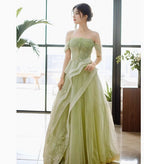 Green Off Shoulder Lace Long Prom Dresses Green Prom Dresses