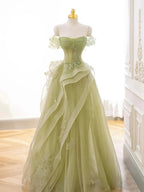 Green Off Shoulder Lace Long Prom Dresses Green Prom Dresses