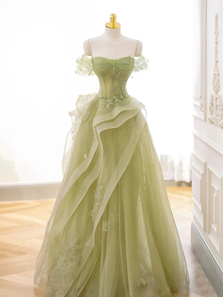 Green Off Shoulder Lace Long Prom Dresses Green Prom Dresses