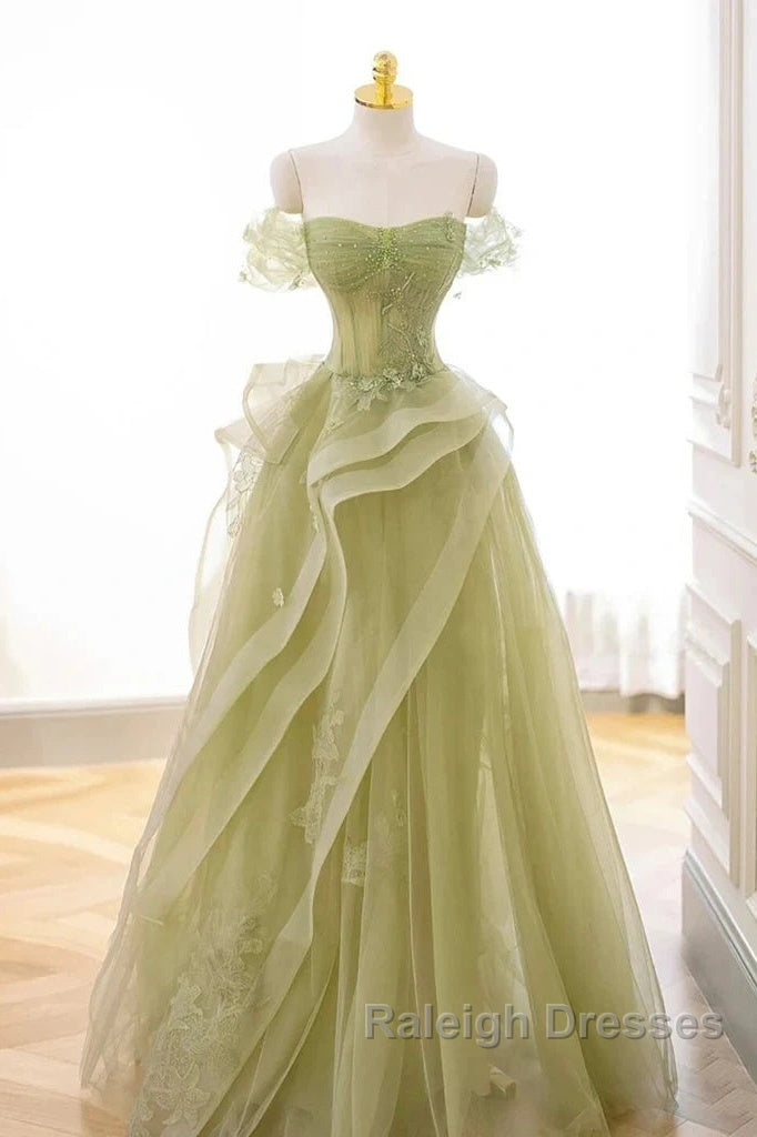 Green Off Shoulder Lace Long Prom Dresses Green Prom Dresses