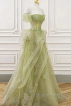 Green Off Shoulder Lace Long Prom Dress, Green Formal Dress