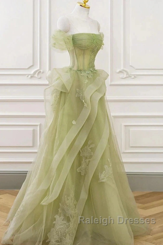 Green Off Shoulder Lace Long Prom Dress, Green Formal Dress