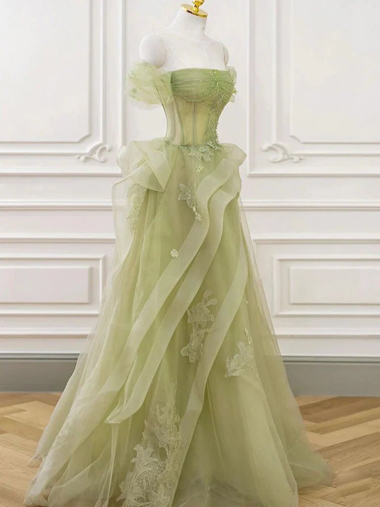 Green Off Shoulder Lace Long Prom Dresses Green Prom Dresses