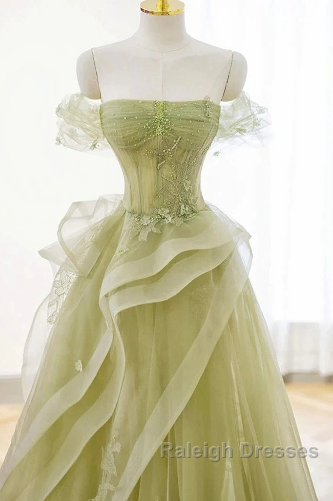 Green Off Shoulder Lace Long Prom Dress, Green Formal Dress