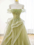 Green Off Shoulder Lace Long Prom Dresses Green Prom Dresses