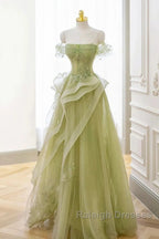 Green Off Shoulder Lace Long Prom Dresses Green Prom Dresses