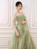 Green Off Shoulder Lace Long Prom Dresses Green Prom Dresses