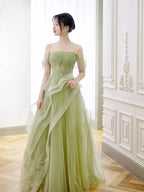 Green Off Shoulder Lace Long Prom Dresses Green Prom Dresses