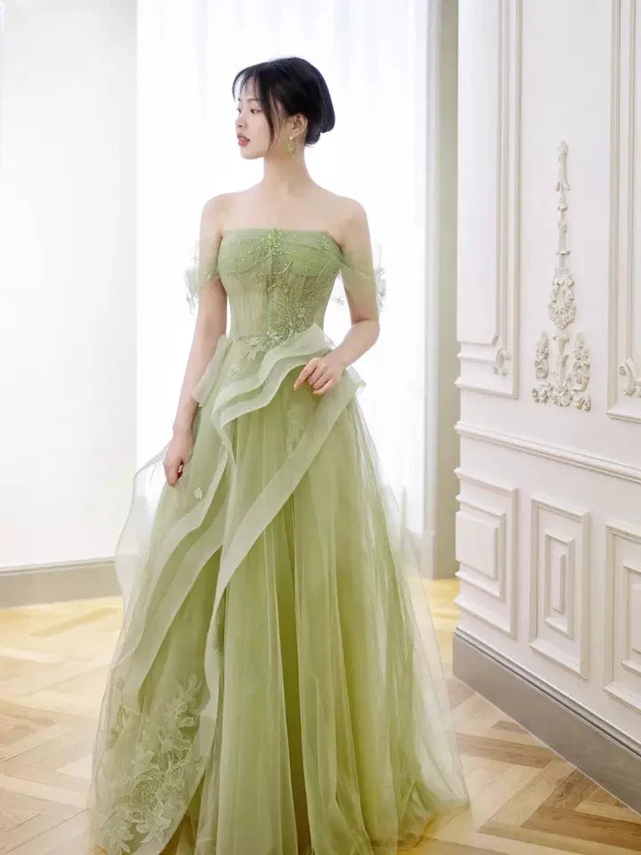 Green Off Shoulder Lace Long Prom Dresses Green Prom Dresses