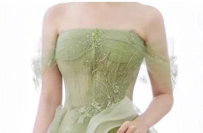 Green Off Shoulder Lace Long Prom Dresses Green Prom Dresses