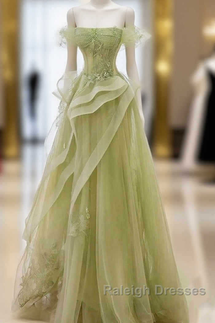 Green Off Shoulder Lace Long Prom Dress, Green Formal Dress Main image