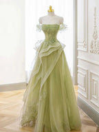 Green Off Shoulder Lace Long Prom Dresses Green Prom Dresses