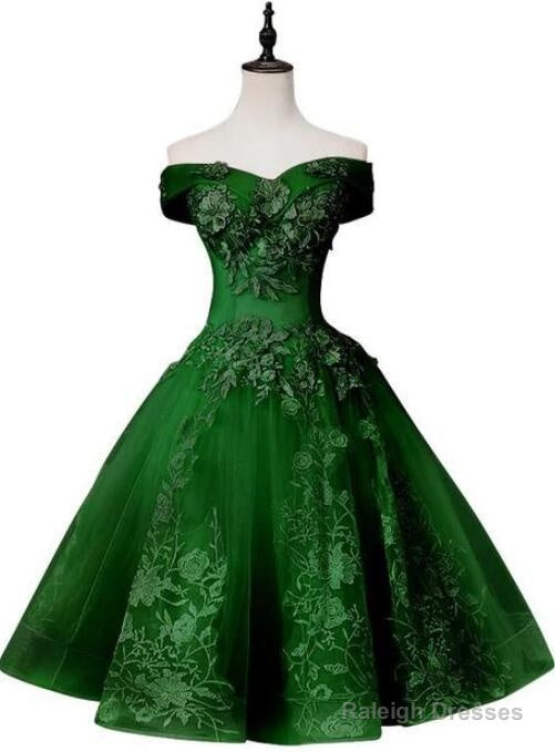 Green Off Shoulder Tea Length Party Dress With Lace, Green Formal Dress Prom Dress Main image