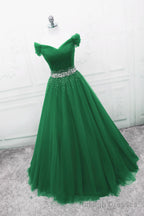 Green Off Shoulder Tulle Beaded A Line Formal Dress, Green Floor Length Long Prom Dress