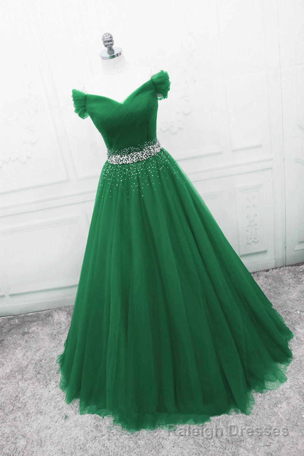 Green Off Shoulder Tulle Beaded A Line Formal Dress, Green Floor Length Long Prom Dress