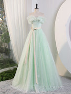 Green Off Shoulder Tulle Green Long Prom Dress, Green Lace Long Sweet 16 Dress