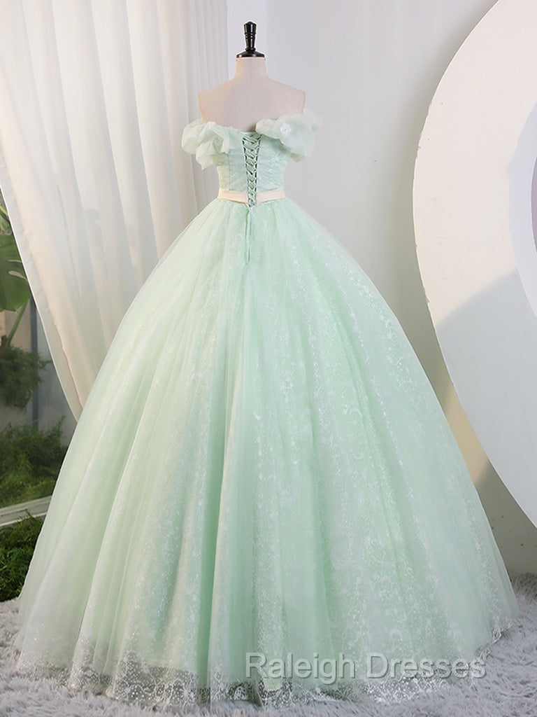 Green Off Shoulder Tulle Green Long Prom Dresses Green Lace Long Sweet 16 Dresses