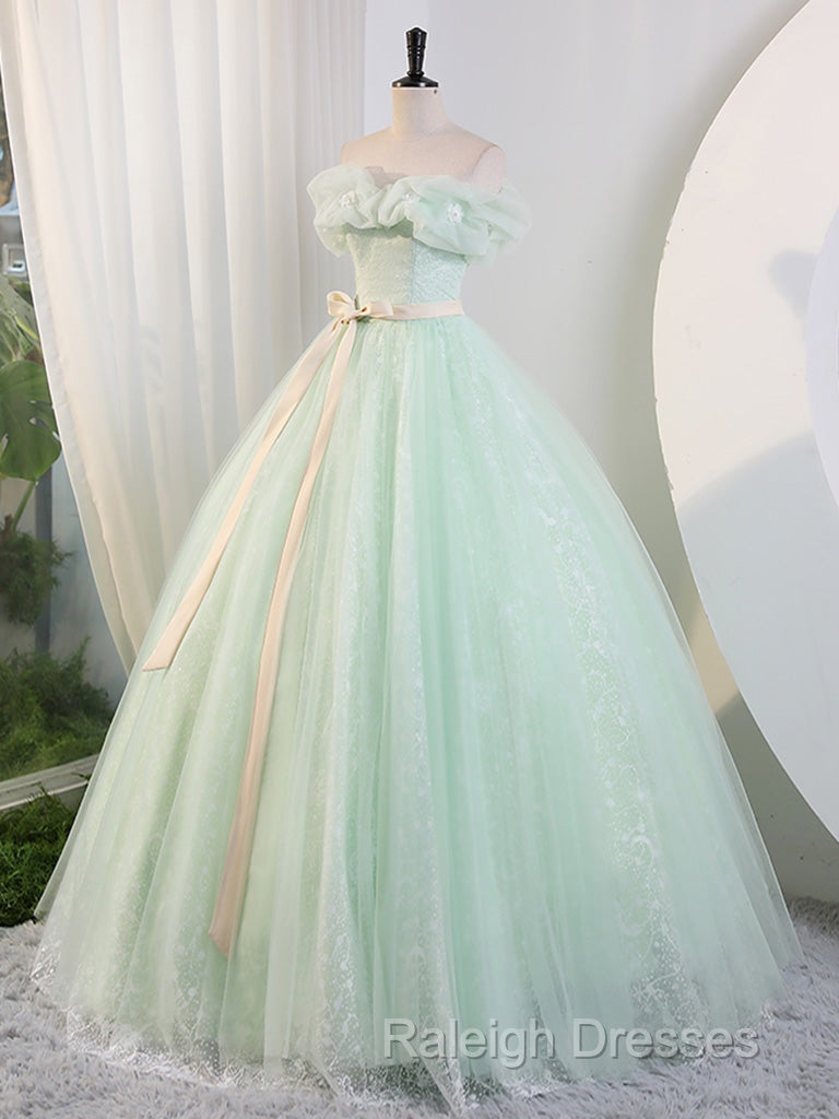 Green Off Shoulder Tulle Green Long Prom Dress, Green Lace Long Sweet 16 Dress