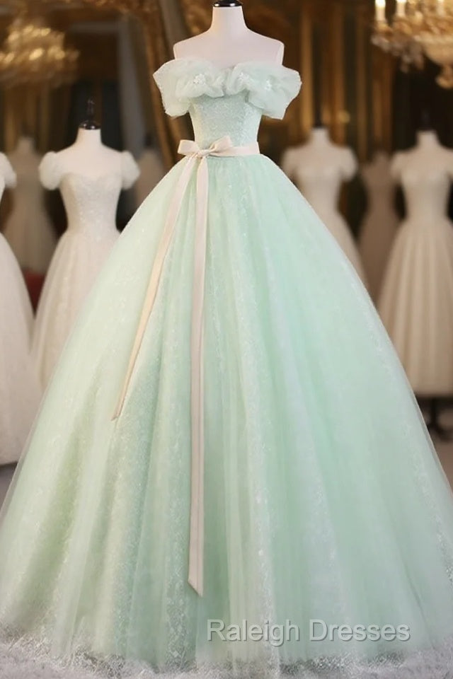 Green Off Shoulder Tulle Green Long Prom Dress, Green Lace Long Sweet 16 Dress Main image