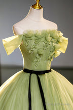 Green Off-Shoulder Tulle Long Prom Dresses Beautiful A-Line Prom Dresses