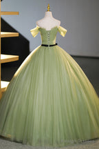 Green Off-Shoulder Tulle Long Prom Dresses Beautiful A-Line Prom Dresses