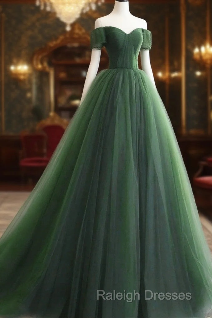 Green Off Shoulder Tulle Sweetheart Long Party Dress, Green Tulle Evening Dress Prom Dress Main image