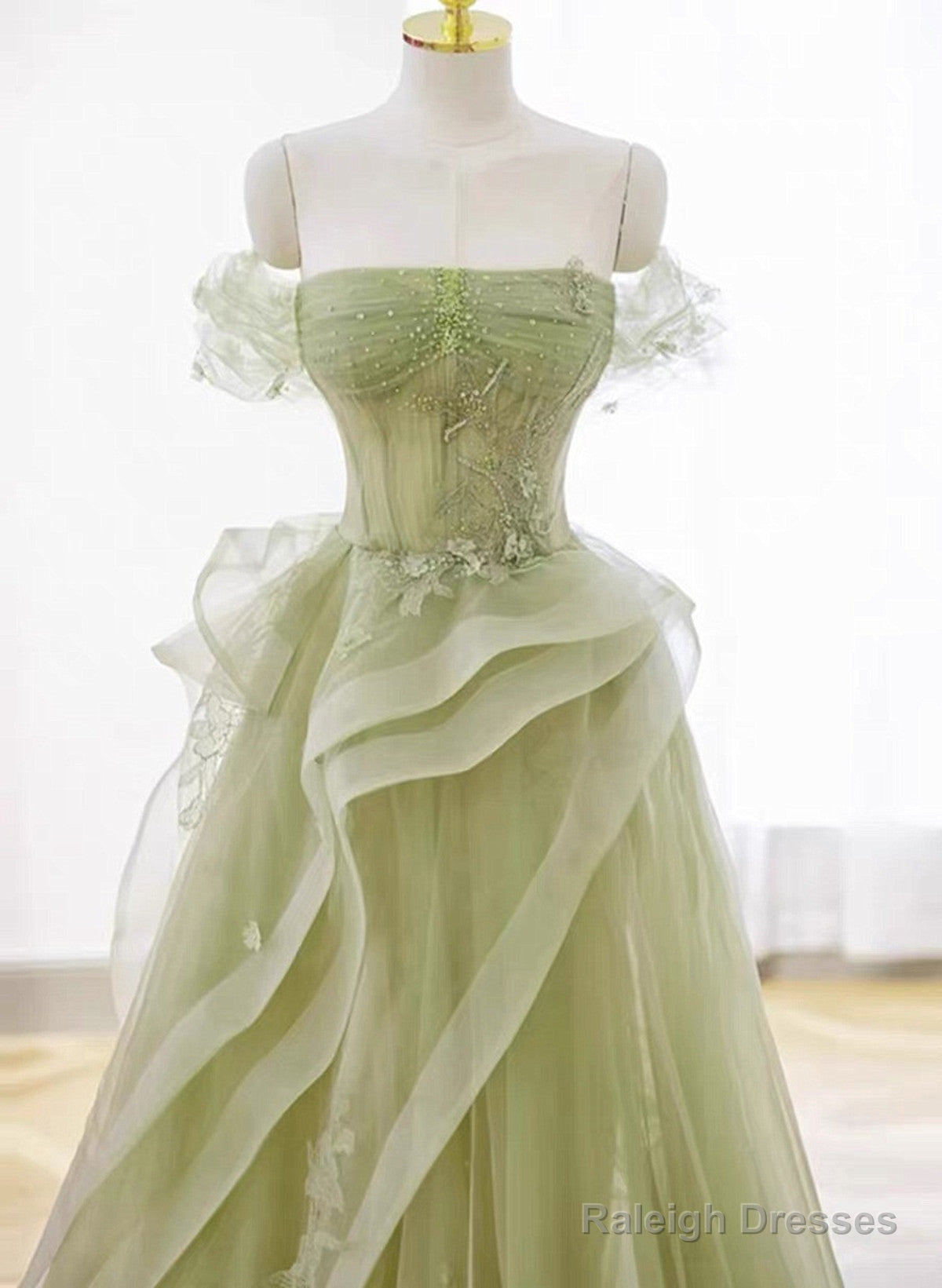 Green Off Shoulder Tulle With Lace A-Line Prom Dresses Green Long Prom Gowns Secondary image