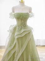 Green Off Shoulder Tulle With Lace A-Line Prom Dresses Green Long Prom Gowns