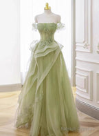 Green Off Shoulder Tulle With Lace A-Line Prom Dress, Green Long Formal Gown