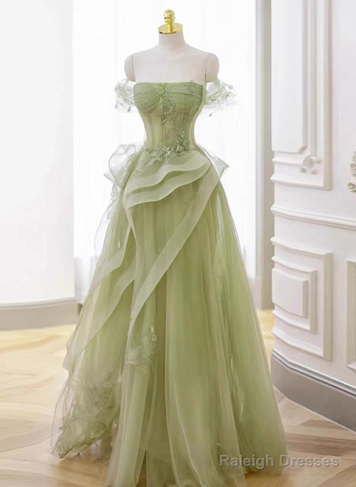 Green Off Shoulder Tulle With Lace A-Line Prom Dresses Green Long Prom Gowns