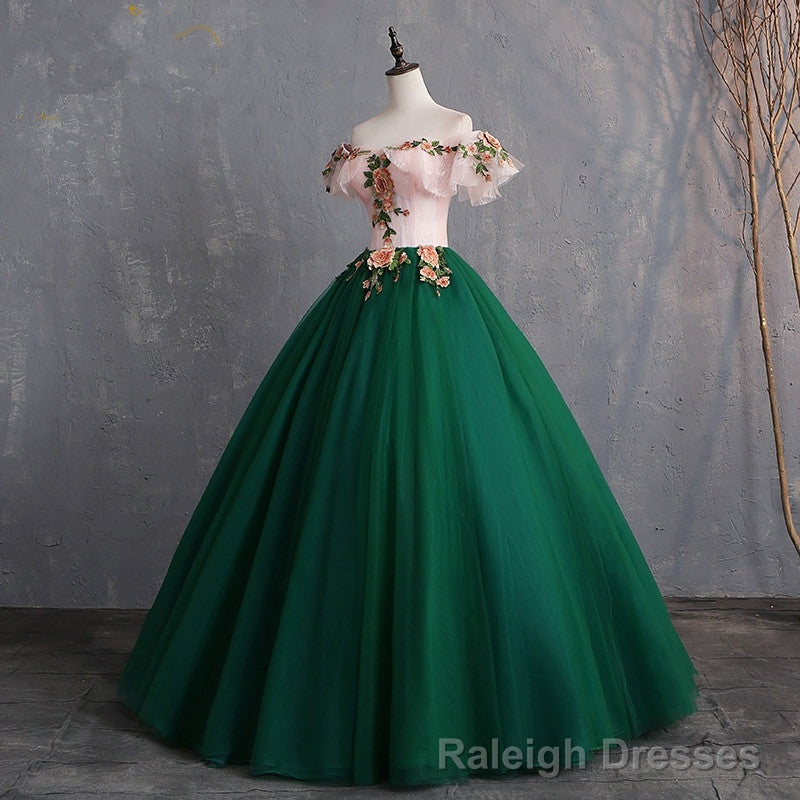 Green Off Shoulder Tulle with Lace Formal Gown, Green Evening Sweet 16 Dresses Secondary image