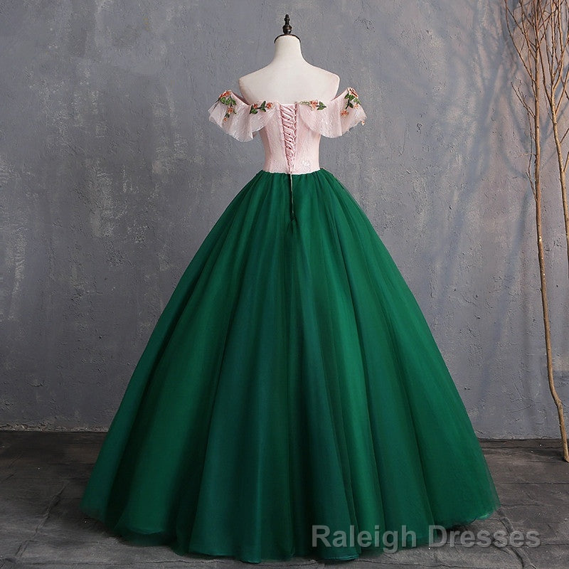 Green Off Shoulder Tulle with Lace Formal Gown, Green Evening Sweet 16 Dresses