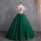 Green Off Shoulder Tulle with Lace Formal Gown, Green Evening Sweet 16 Dresses