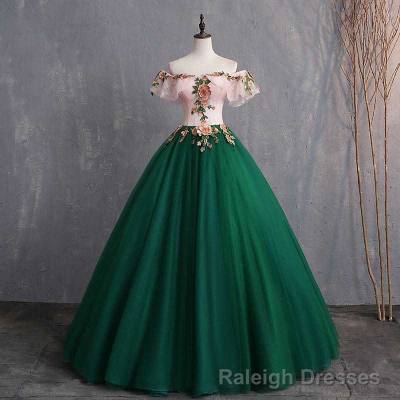 Green Off Shoulder Tulle with Lace Formal Gown, Green Evening Sweet 16 Dresses