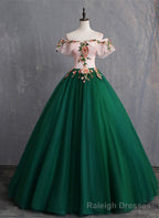 Green Off Shoulder Tulle with Lace Formal Gowns, Green Prom Sweet 16 Dresses