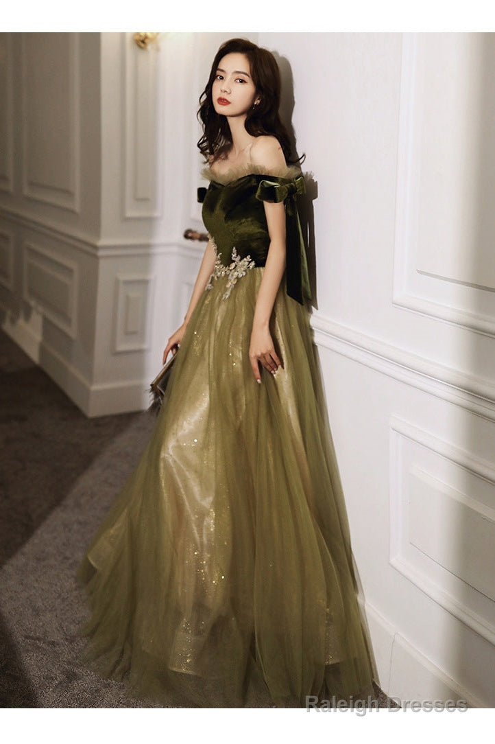 Green Off Shoulder Velvet And Tulle Long Evening Dress With Lace, Long Prom Dresses Secondary image