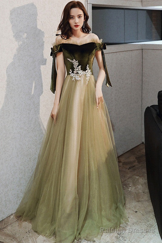 Green Off Shoulder Velvet And Tulle Long Prom Dresses With Lace Long Prom Dress