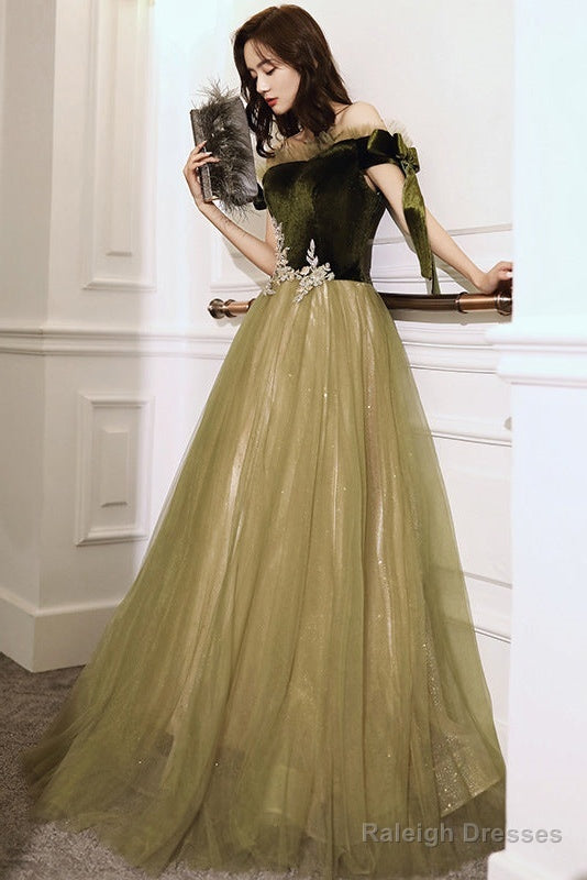 Green Off Shoulder Velvet And Tulle Long Prom Dresses With Lace Long Prom Dress