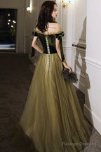 Green Off Shoulder Velvet And Tulle Long Evening Dress With Lace, Long Prom Dresses