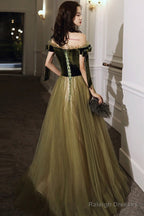 Green Off Shoulder Velvet And Tulle Long Prom Dresses With Lace Long Prom Dress