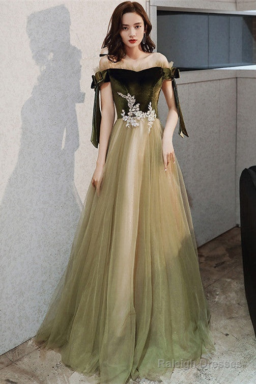 Green Off Shoulder Velvet And Tulle Long Prom Dresses With Lace Long Prom Dress Main image
